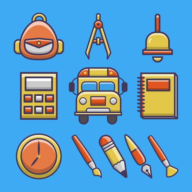 Conjunto de ilustración de icono de vector de dibujos animados de escuela linda.