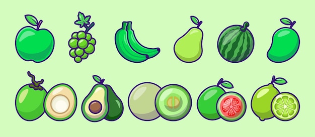 Conjunto de ilustración de icono de vector de frutas verdes