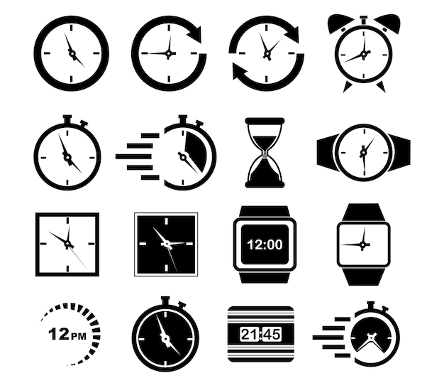 Vector conjunto de ilustración de iconos de reloj en estilo plano