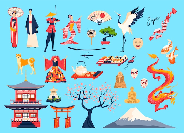 Conjunto de ilustración de japón y los japoneses, personaje de dibujos animados en traje tradicional o kimono, cereza sakura, hito del templo