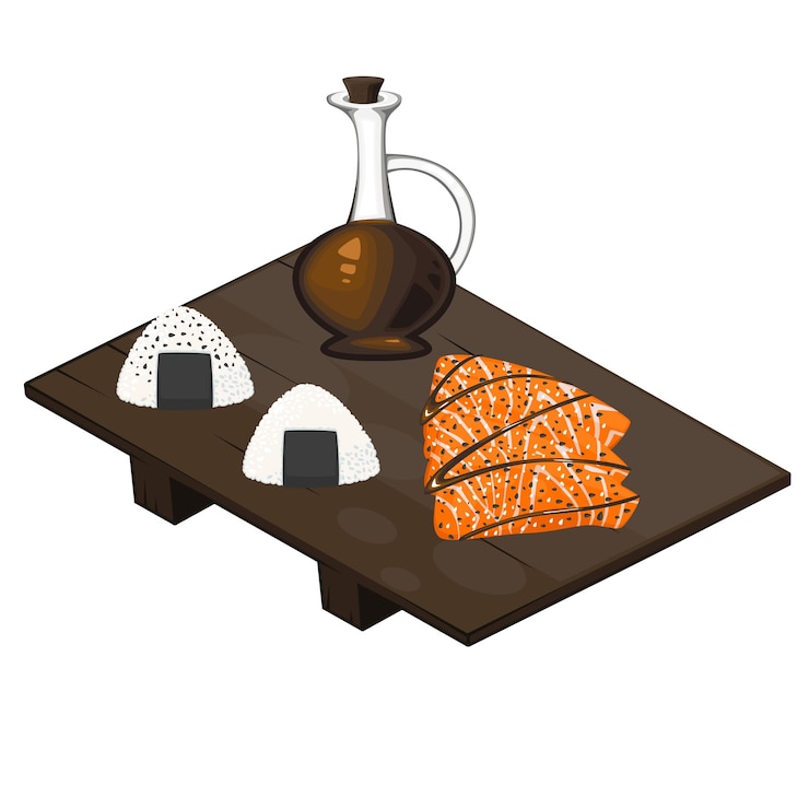 Vector conjunto de ilustración japonesa de comida de sushi, comida asiática con onigiri, salsa de soja y salmón