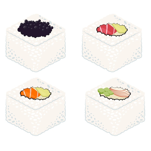 Vector conjunto de ilustración japonesa de comida de sushi, conjunto de comida asiática