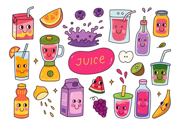 Vector conjunto de ilustración de jugo de fruta kawaii