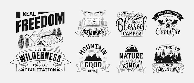 Conjunto de ilustración de letras de cita de aventura y camping para impresión de camisetas y mucho más