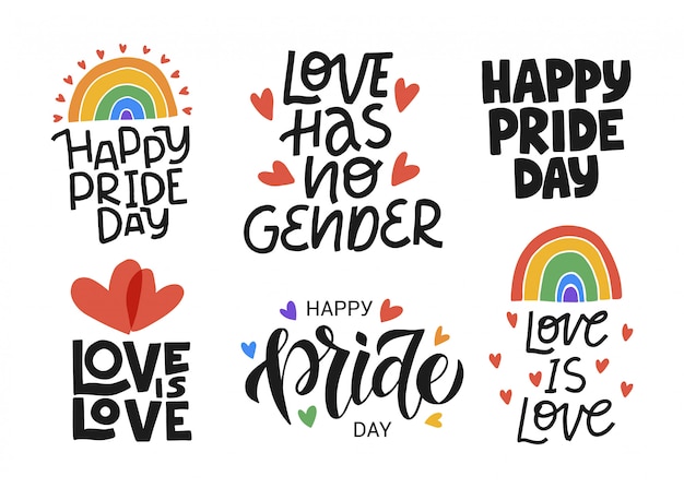 Conjunto de ilustración lgbt. concepto para la comunidad del orgullo. feliz día del orgullo, love is love cita de letras modernas dibujadas a mano. lema del festival.