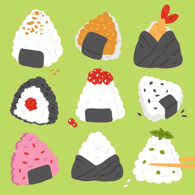 Vector conjunto de ilustración de lindo doodle comida asiática onigiri para impresión, diseño, tarjeta de felicitación, pegatina,