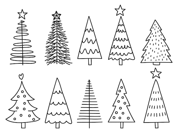 Conjunto de ilustración de línea de árbol de Navidad, vector de arte de línea de invierno, elementos de decoración de Navidad