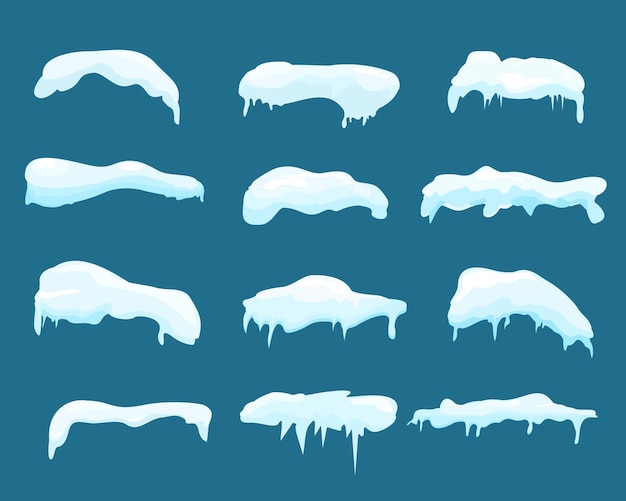 Conjunto de ilustración de marcos de nieve y hielo. Gorros de nieve de invierno, ventisqueros y carámbanos en estilo plano de dibujos animados.