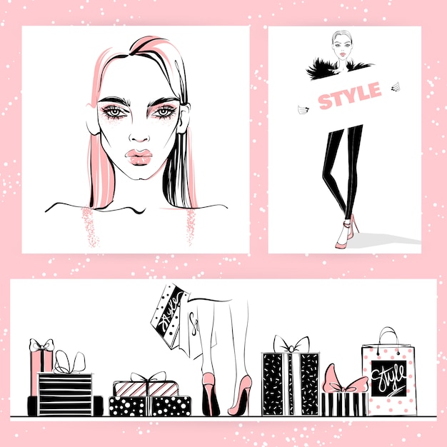 Conjunto de ilustración de moda. Vector elegante chicas.