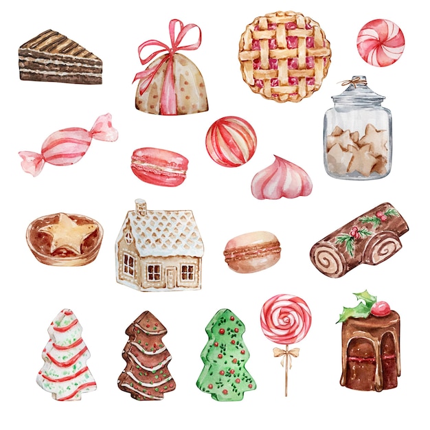 Conjunto de ilustración de Navidad acuarela de dulces y pasteles, galletas de jengibre, galletas, caramelos aislados sobre fondo blanco.