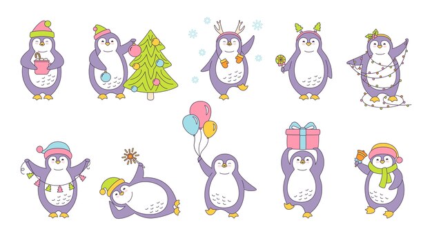 Conjunto de ilustración de Navidad pingüino