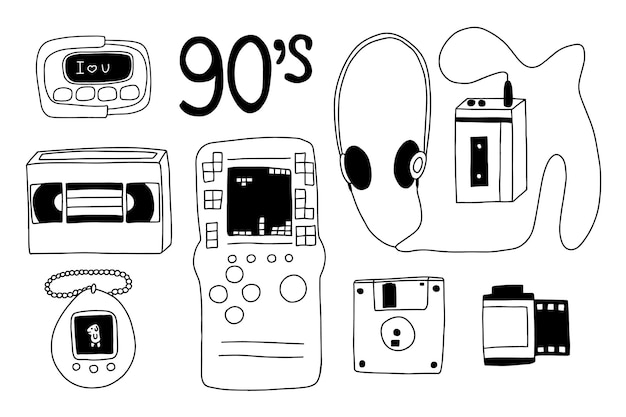 Conjunto de ilustración de objetos de garabato retro de los 90 Reproductor de casete vectorial tamagotchi y disquete dibujado a mano imágenes prediseñadas