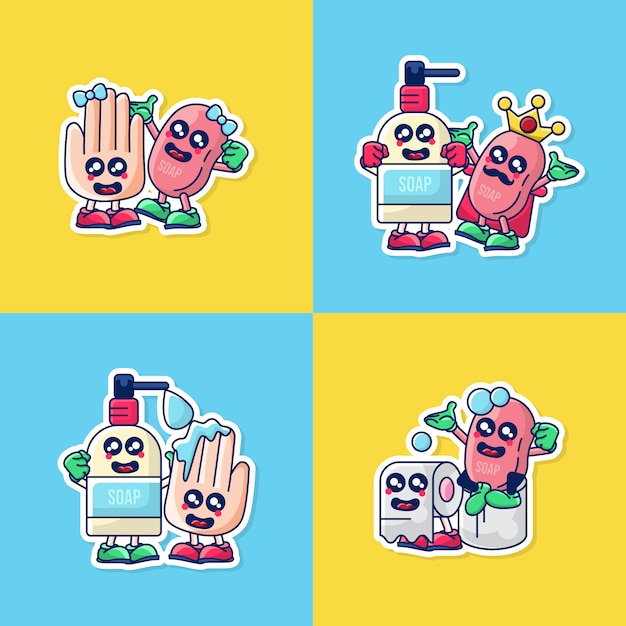 Conjunto de ilustración de pegatinas de icono de saneamiento de manos