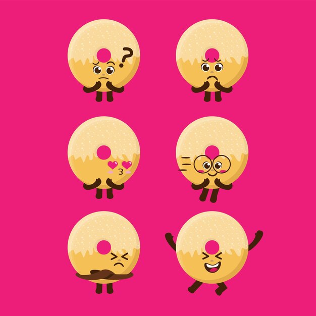 Conjunto de ilustración de personaje de mascota de donut de azúcar lindo kawaii plano