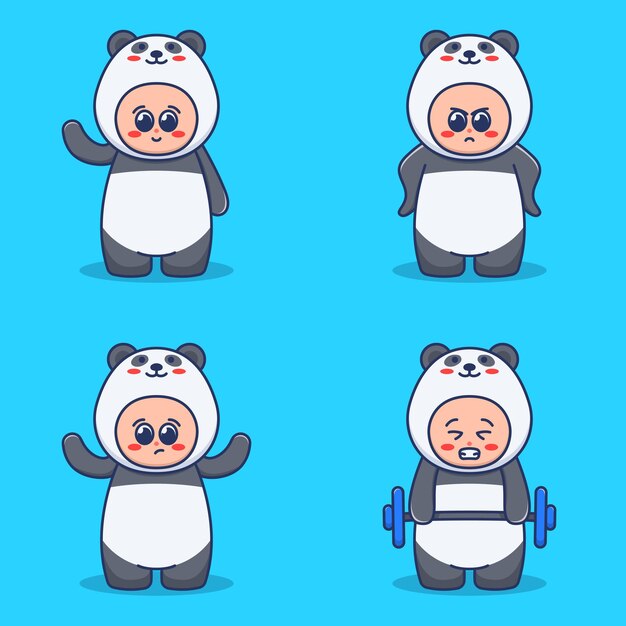 Conjunto de ilustración de personaje de traje de panda lindo