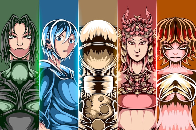 Vector conjunto de ilustración de personajes de anime