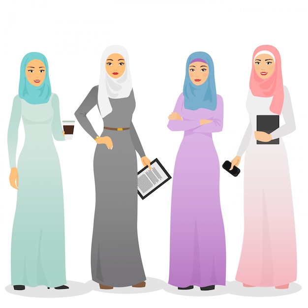 Conjunto de ilustración de personajes de mujeres árabes de negocios con hijab. Las mujeres musulmanas.