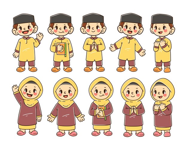 Conjunto de ilustración de personajes de niños musulmanes
