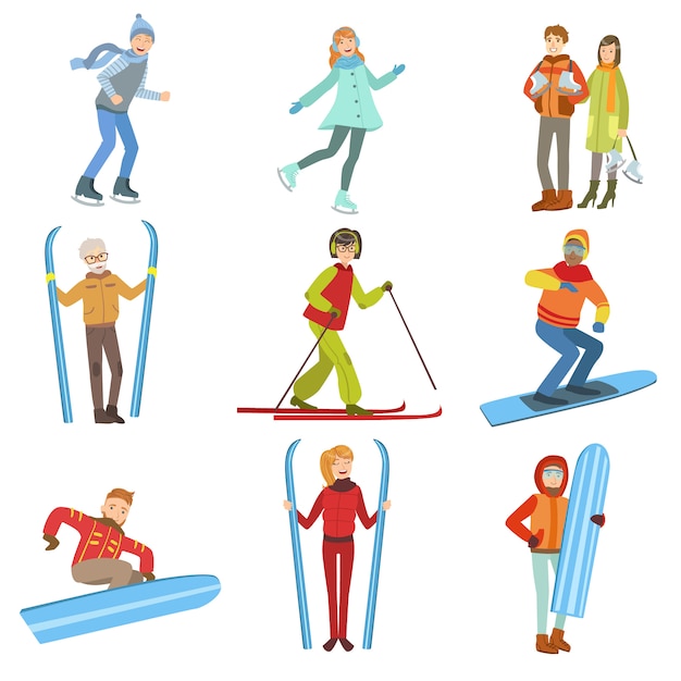 Conjunto de ilustración de personas y deportes de invierno