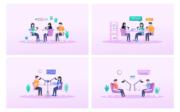 Conjunto de ilustración de personas haciendo un podcast en estudio