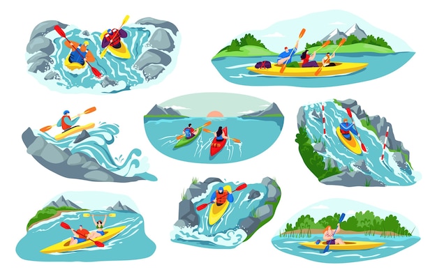 Conjunto de ilustración de personas en kayak