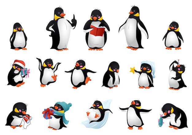 Conjunto de ilustración de pingüino. Conjunto de dibujos animados de pingüino