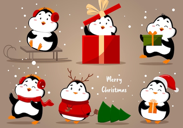 Conjunto de ilustración de pingüinos lindos de Navidad