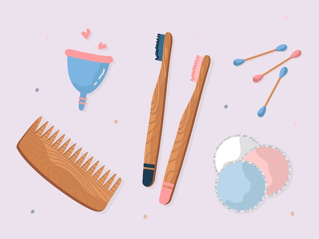 Conjunto de ilustración plana de artículos de higiene duraderos y reutilizables Zero Waste. Colección de diversos elementos ecológicos para el cuidado aislado. Cepillo para platos de madera, peine, cepillo de dientes, jabón y bastoncillos de algodón