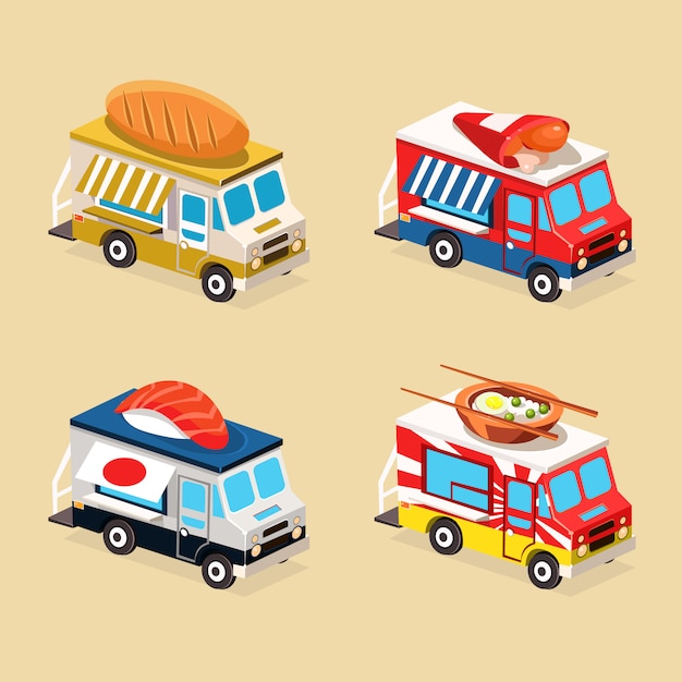Conjunto de ilustración plana de camión de comida