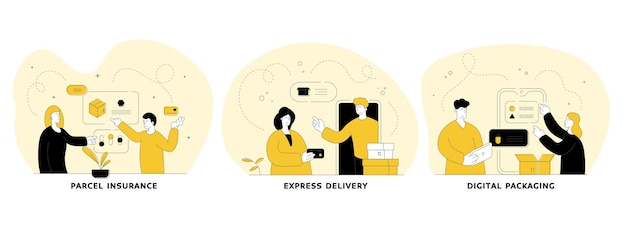 Conjunto de ilustración plana lineal de servicios de entrega. Seguro de paquetería, envío urgente, embalaje digital. Aplicación móvil de compras en línea. Personajes de dibujos animados de personas