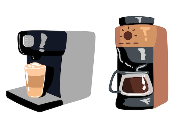 Conjunto de ilustración plana de la máquina de café vista frontal de la máquina de café vector