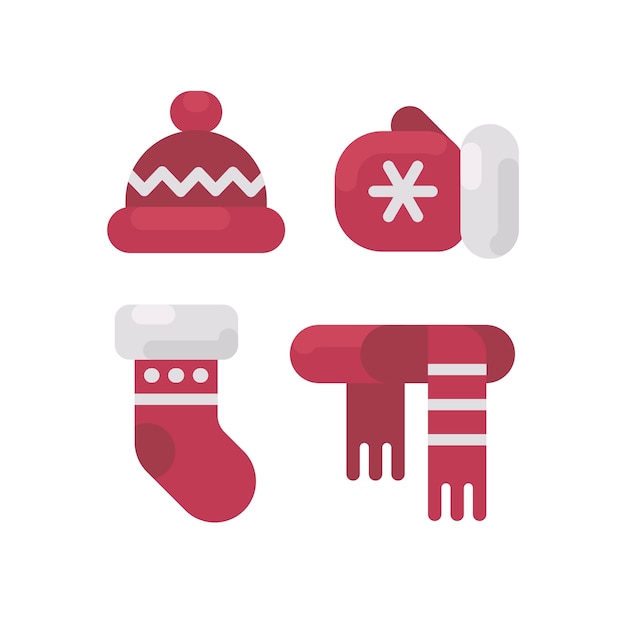 Conjunto de ilustración plana de ropa de invierno. Sombrero, manopla, media y bufanda. Iconos planos de navidad