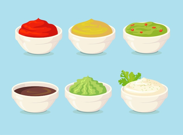 Vector conjunto de ilustración plana de salsas de dibujos animados.