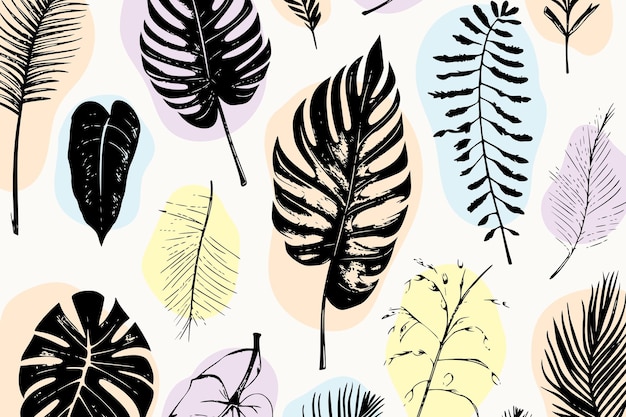 Conjunto de ilustración de plantas tropicales y hojas boceto de esquema de estilo dibujado a mano