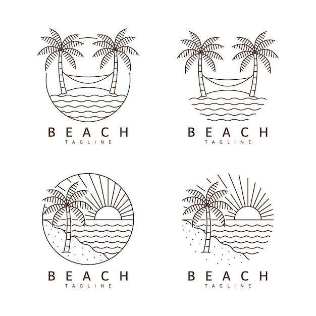 conjunto de ilustración de playa monoline o plantilla de diseño de vector de estilo de arte lineal