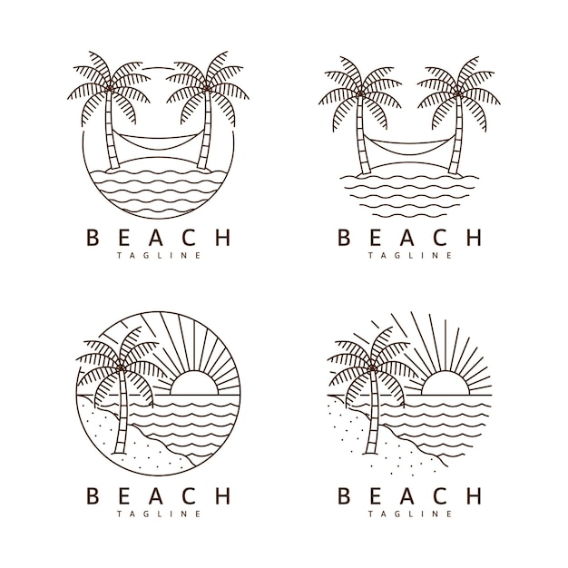 Conjunto de ilustración de playa monoline o plantilla de diseño de vector de estilo de arte lineal