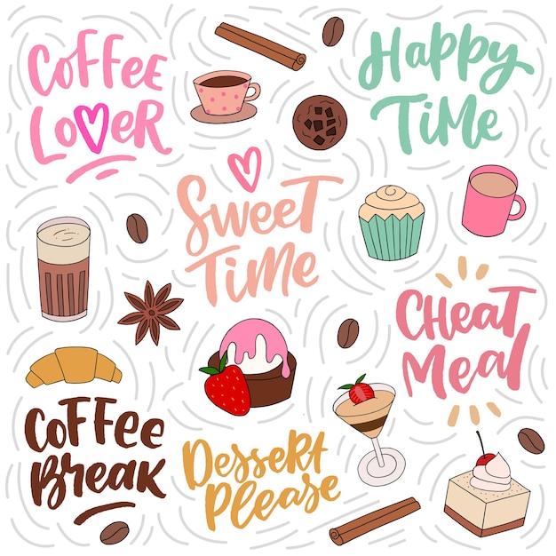 Conjunto de ilustración de postre dibujado a mano y pegatinas de letras dibujadas a mano