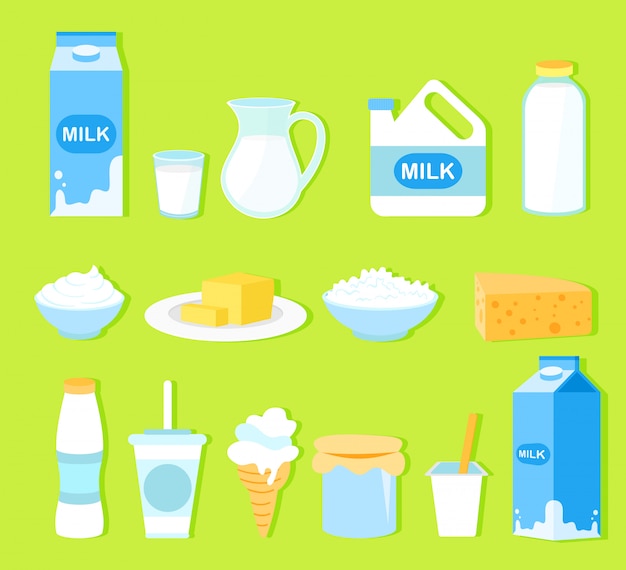 Conjunto de ilustración de productos lácteos en estilo de dibujos animados plana. Colección de leche, mantequilla, queso, yogur, requesón, crema agria, helado, crema, aislado sobre fondo verde.