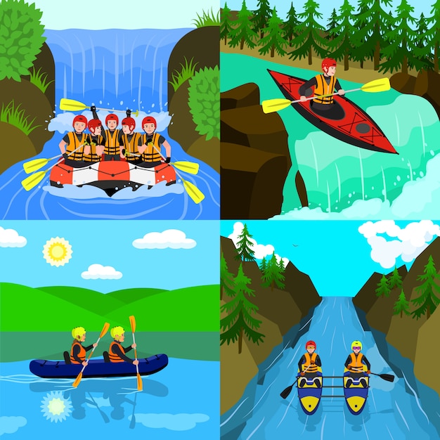 Vector conjunto de ilustración de rafting. ilustración plana de rafting