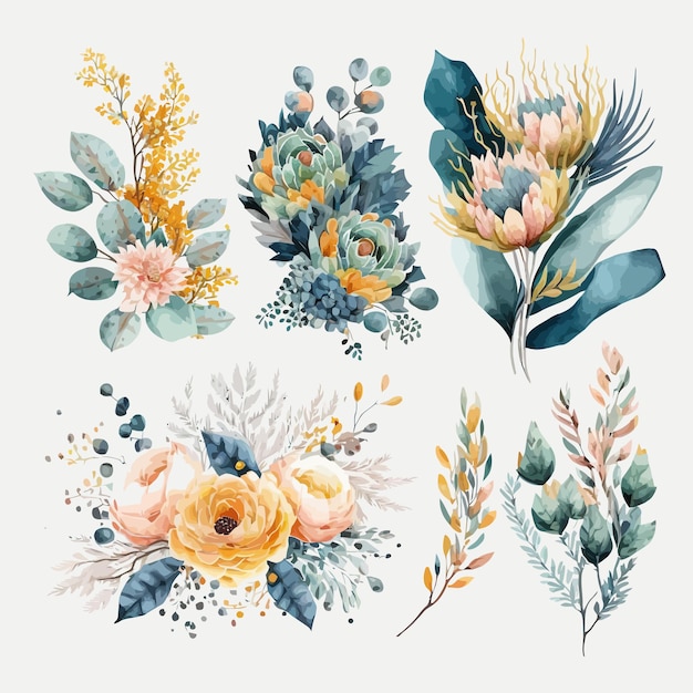 Conjunto de ilustración de ramo floral acuarela rubor rosa azul amarillo flor hoja verde hojas ramas