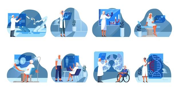 Vector conjunto de ilustración de salud innovadora. concepto de tratamiento de la medicina moderna, experto, diagnóstico. entorno virtual en el hospital. una idea de innovación clínica