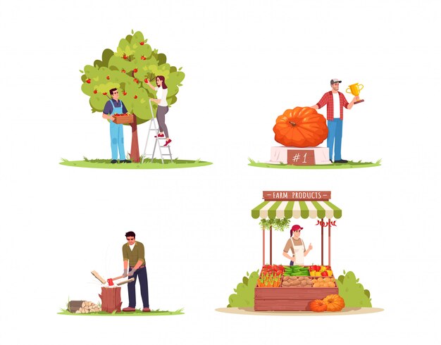 Vector conjunto de ilustración semi plana de estilo de vida de granja. la gente recoge la cosecha de manzanas. el hombre gana el premio del festival de la cosecha. guy corta madera. colección de personajes de dibujos animados de farmers 2d para uso comercial