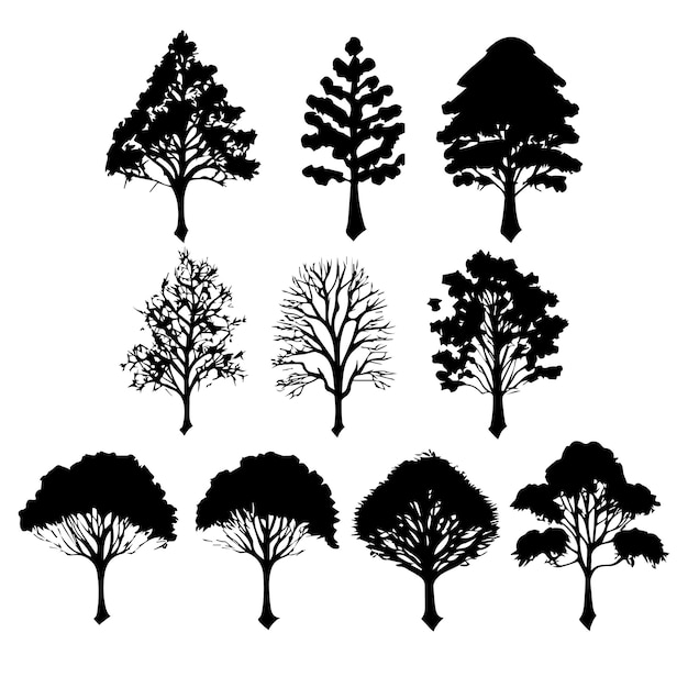 Conjunto de ilustración de silueta de planta y árbol