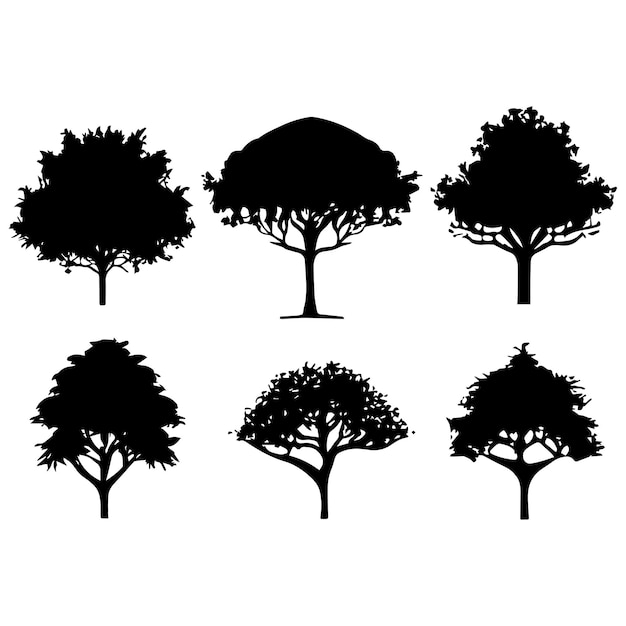 Conjunto de ilustración de silueta de planta y árbol