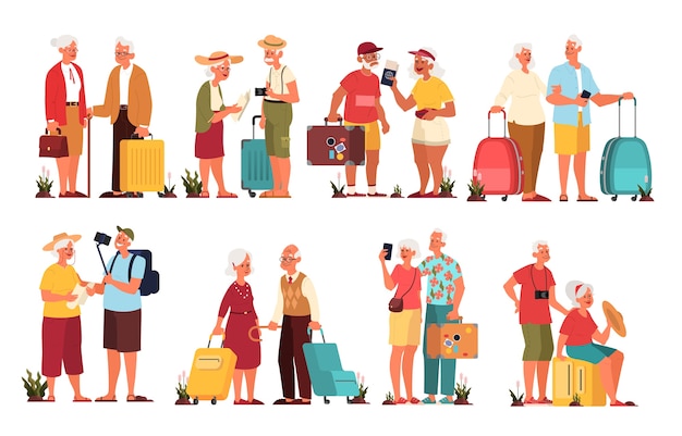 Vector conjunto de ilustración de turista de edad avanzada con equipaje y bolso. anciano y mujer con maletas. colección de personajes antiguos en su viaje. concepto de viajes y turismo