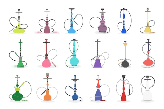 Conjunto de ilustración de varios narguiles. Colección de pipas de agua coloridas para fumar. Lounge bar o elemento decorativo humo dhop