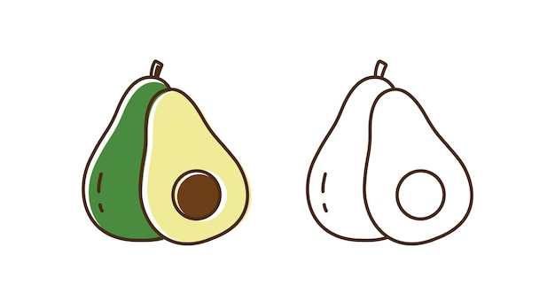 Conjunto de ilustración de vector de aguacate fresco y sabroso en arte de línea y estilo de contorno. Fruta orgánica colorida y monocromática con elementos de diseño aislados en blanco. Mitad y entero de deliciosa comida tropical.