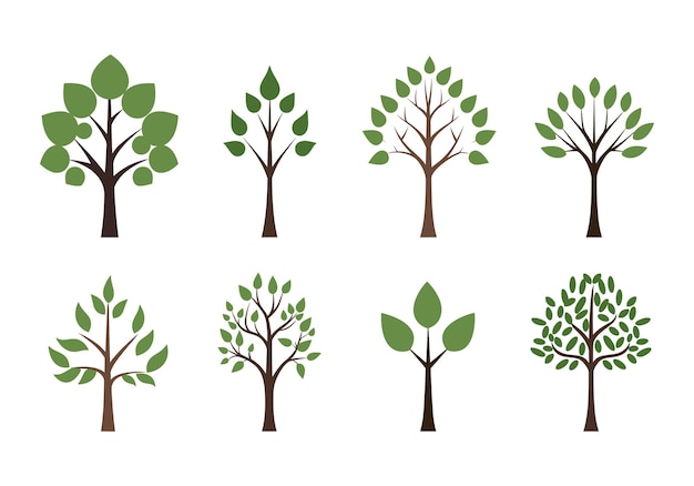 Conjunto de ilustración de vector de árbol verde para logotipo o icono aislado sobre fondo blanco