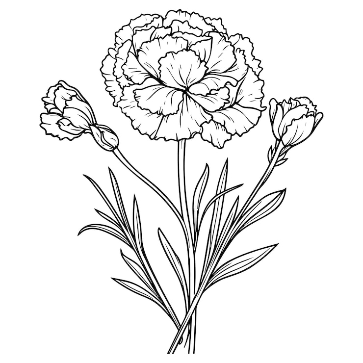 Vector conjunto de ilustración de vector de arte de línea de claveles aislado en blanco bosquejo de tinta negra de flor diseño dibujado a mano minimalista moderno