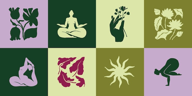 Conjunto de ilustración de vector de arte de yoga y naturaleza
